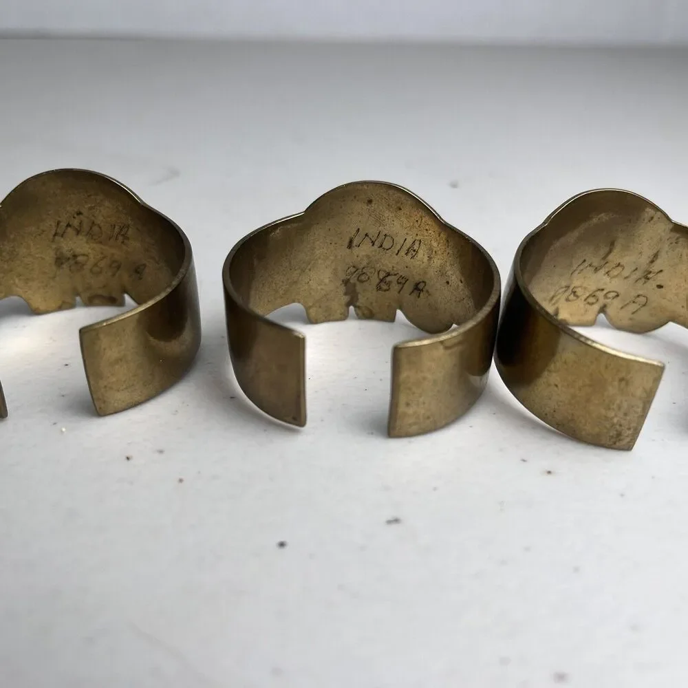 Vintage Brass Elephant Animal Napkin Rings Set Of 4 Marked India Gold Tone & Red